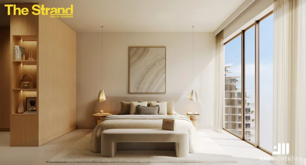 Modern bedroom interior at Lunara by RAK Properties